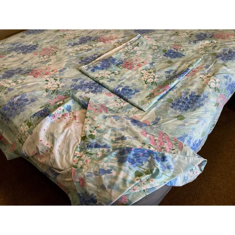 Cannon Royal Family Shangrila Flat Sheet Blue Floral Pink White Flowers Duvet Co